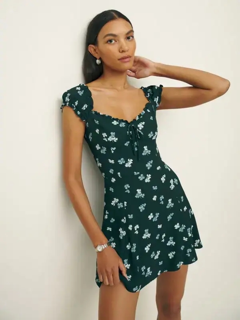NWT REFORMATION Dark Green Floral Tie-Front Sweetheart Neckline Mini Dress Sz 12